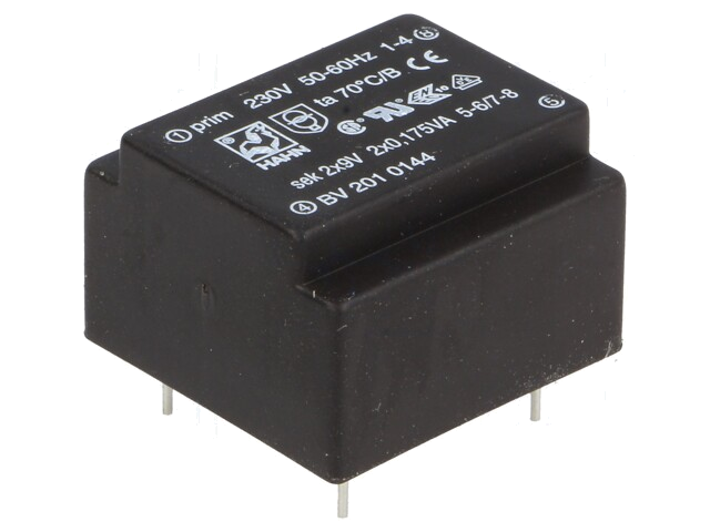 Transformator: ingegoten; 0,35VA; 230VAC; 9V; 9V; 19mA; 19mA; PCB Transformator: ingegoten; 0,35VA; 230VAC; 9V; 9V; 19mA; 19mA; PCB